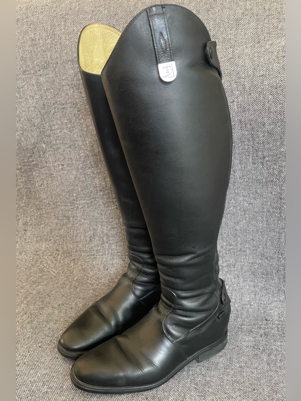 Black Leather Tall Riding Boots with Silver Logo